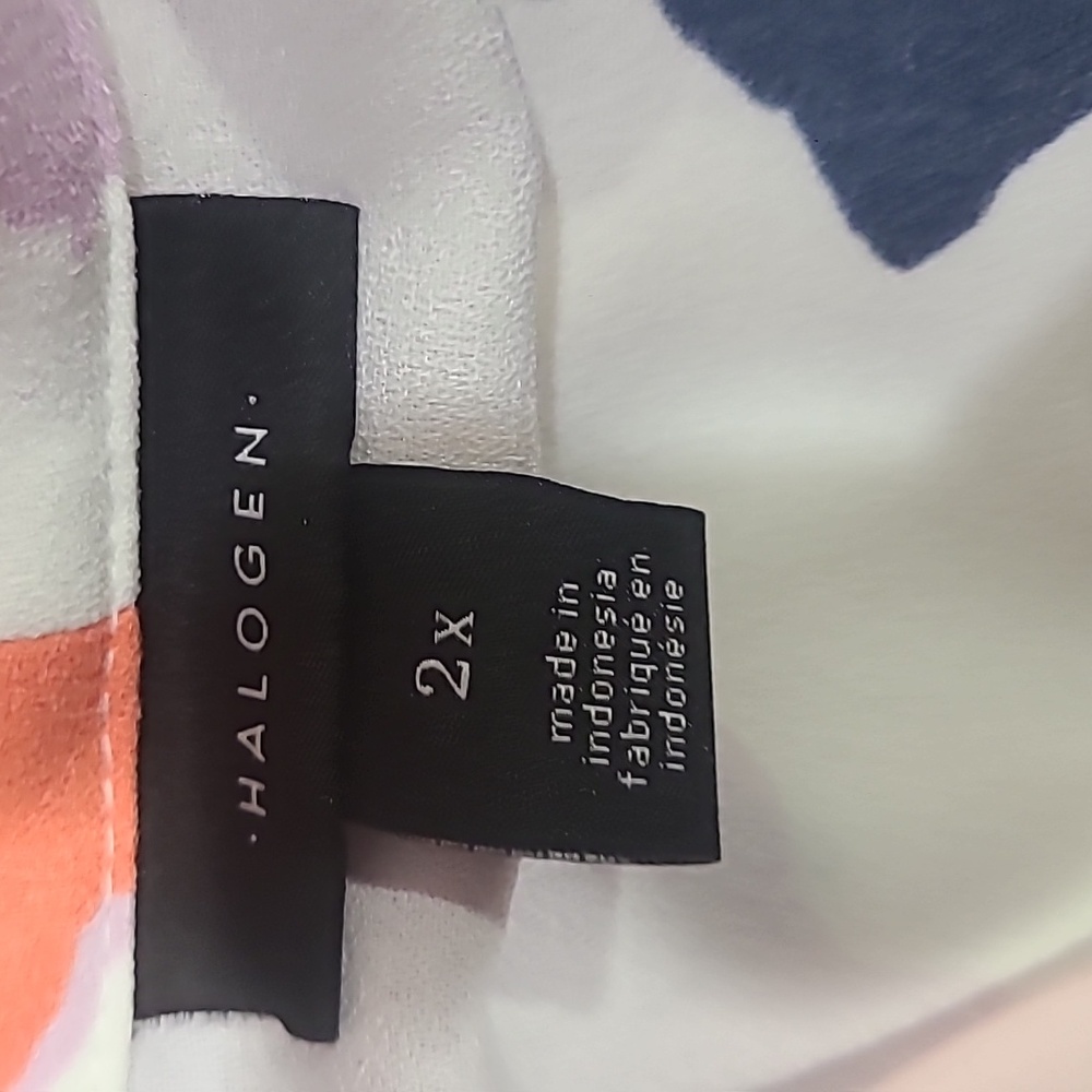 HALOGEN Navy Peach Abstract Print V Neck Long Sleeve Button Up Blouse 2X - Picture 7 of 8